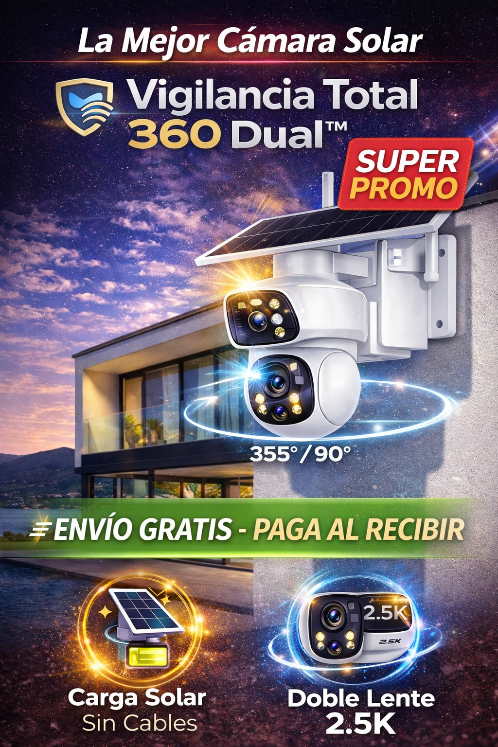 Cámara de exterior doble lente panel solar🔒 Vigilancia Total 360 Dual™