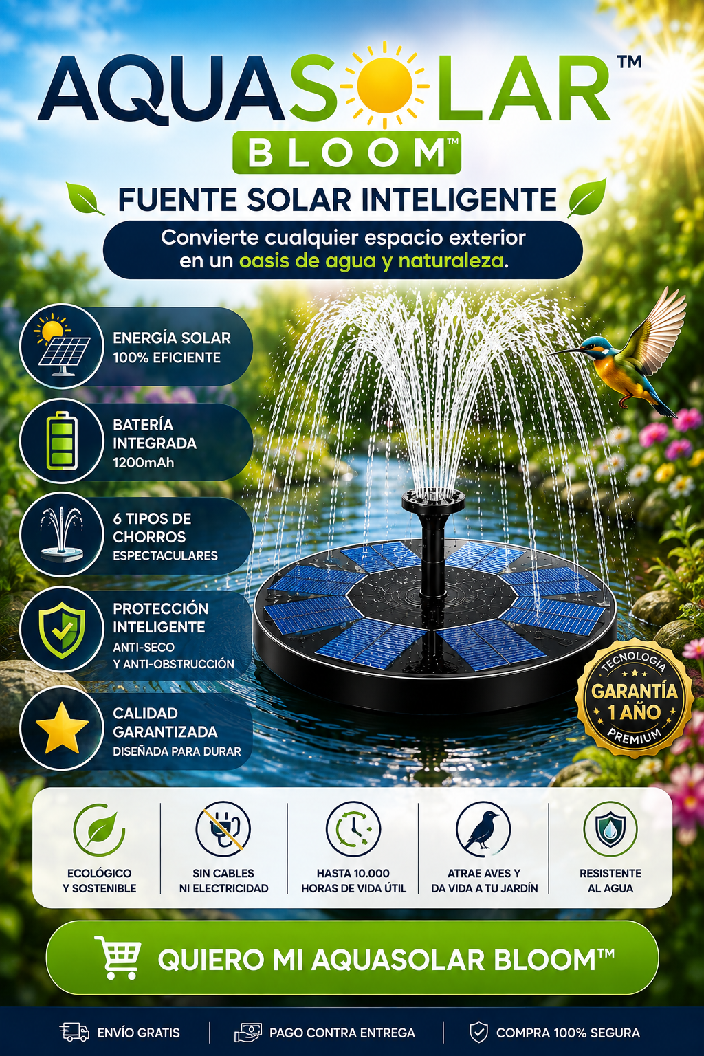 ☀️ AQUASOLAR BLOOM™ Fuente Solar Inteligente 🌿💦