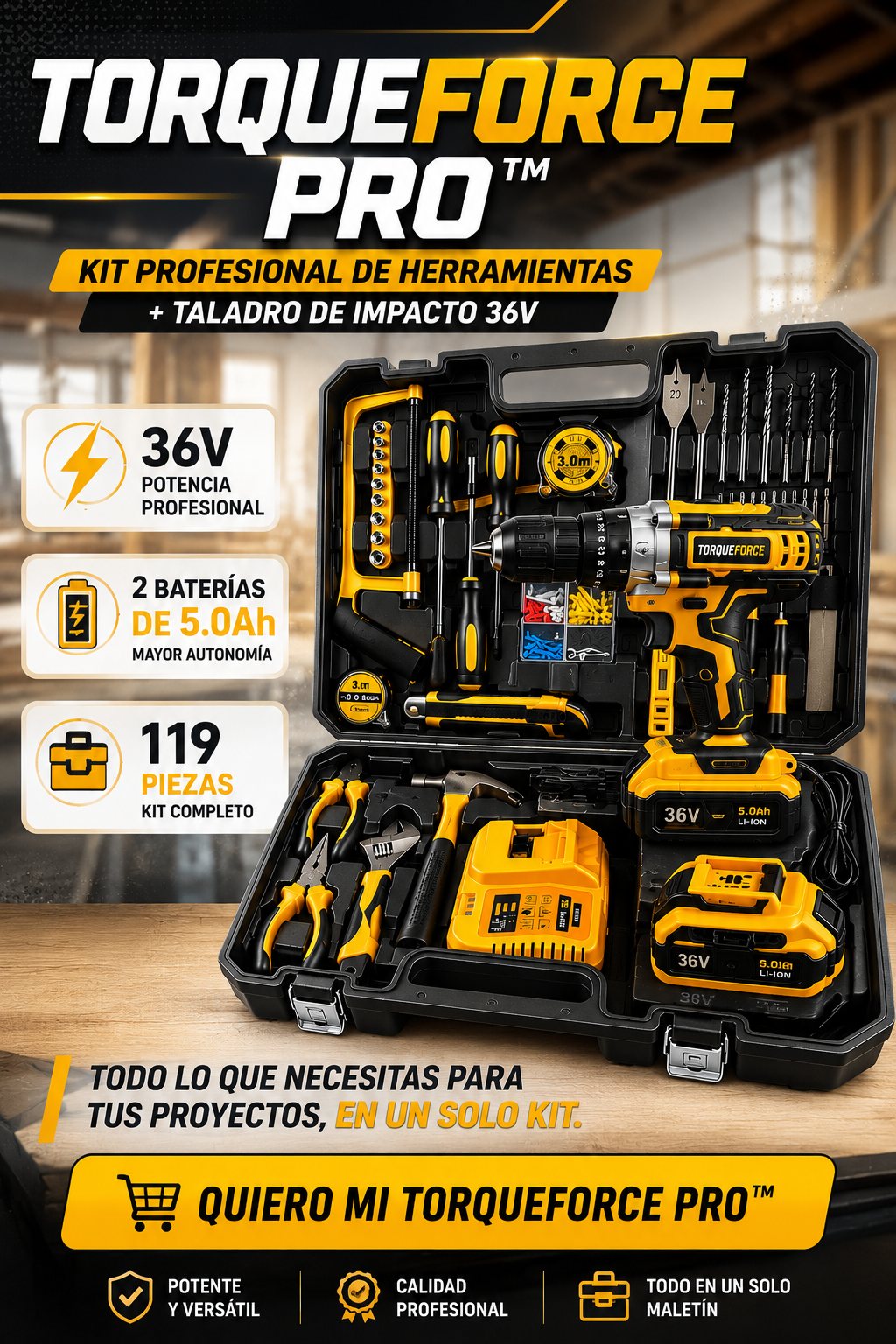 🔧TORQUEFORCE PRO™ Kit Profesional de Herramientas + Taladro de Impacto 36V + 2 baterías
