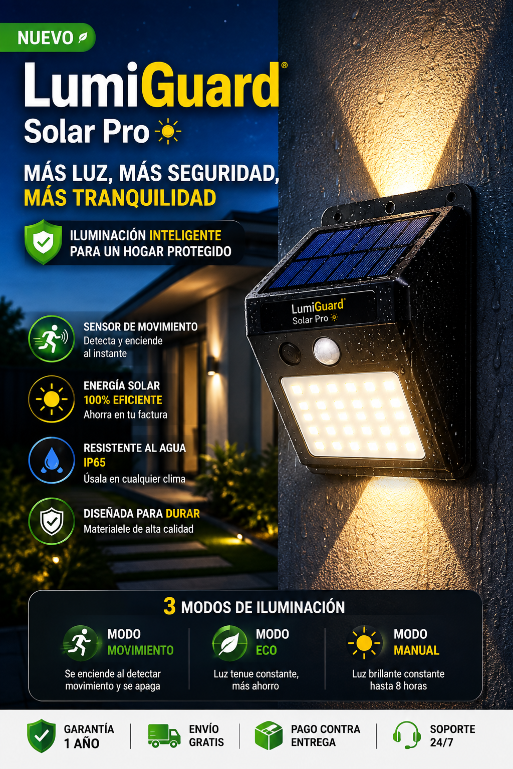 LumiGuard Solar Pro™ | Luces Inteligentes para Exterior con Sensor de Movimiento y Panel Solar ⭐