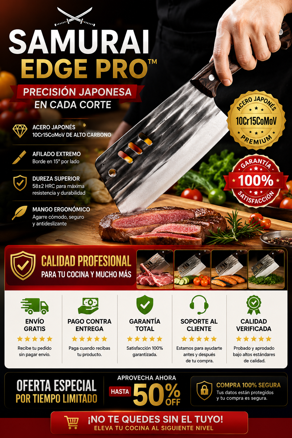 Samurai Edge Pro™ ⚔️ El cuchillo japonés que corta con precisión profesional carne, verduras y mucho más. 🔥