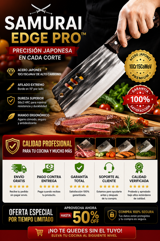 Samurai Edge Pro™ ⚔️ El cuchillo japonés que corta con precisión profesional carne, verduras y mucho más. 🔥