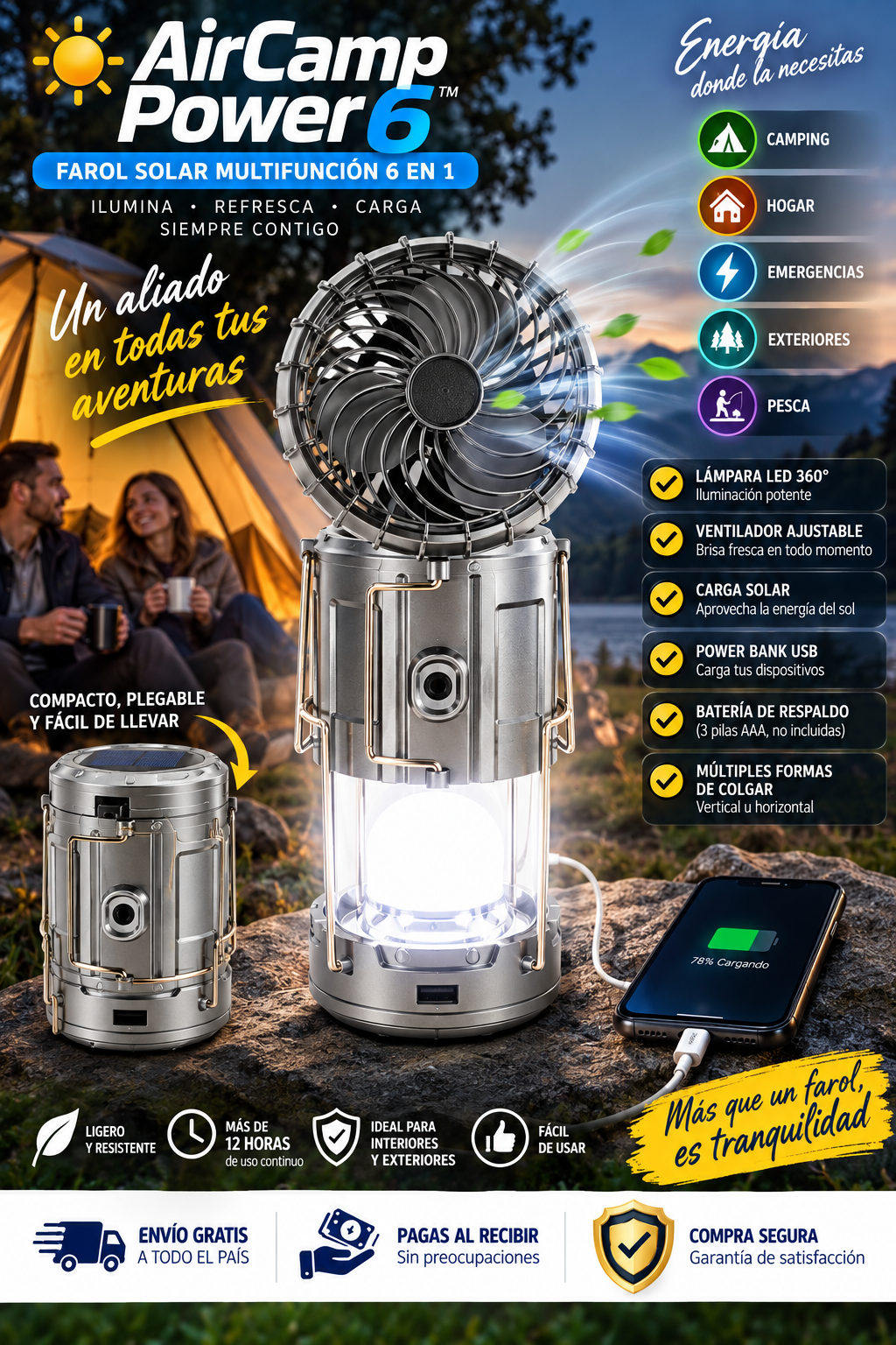 ☀️ AirCamp Power 6™ | Farol Solar Multifunción 6 en 1