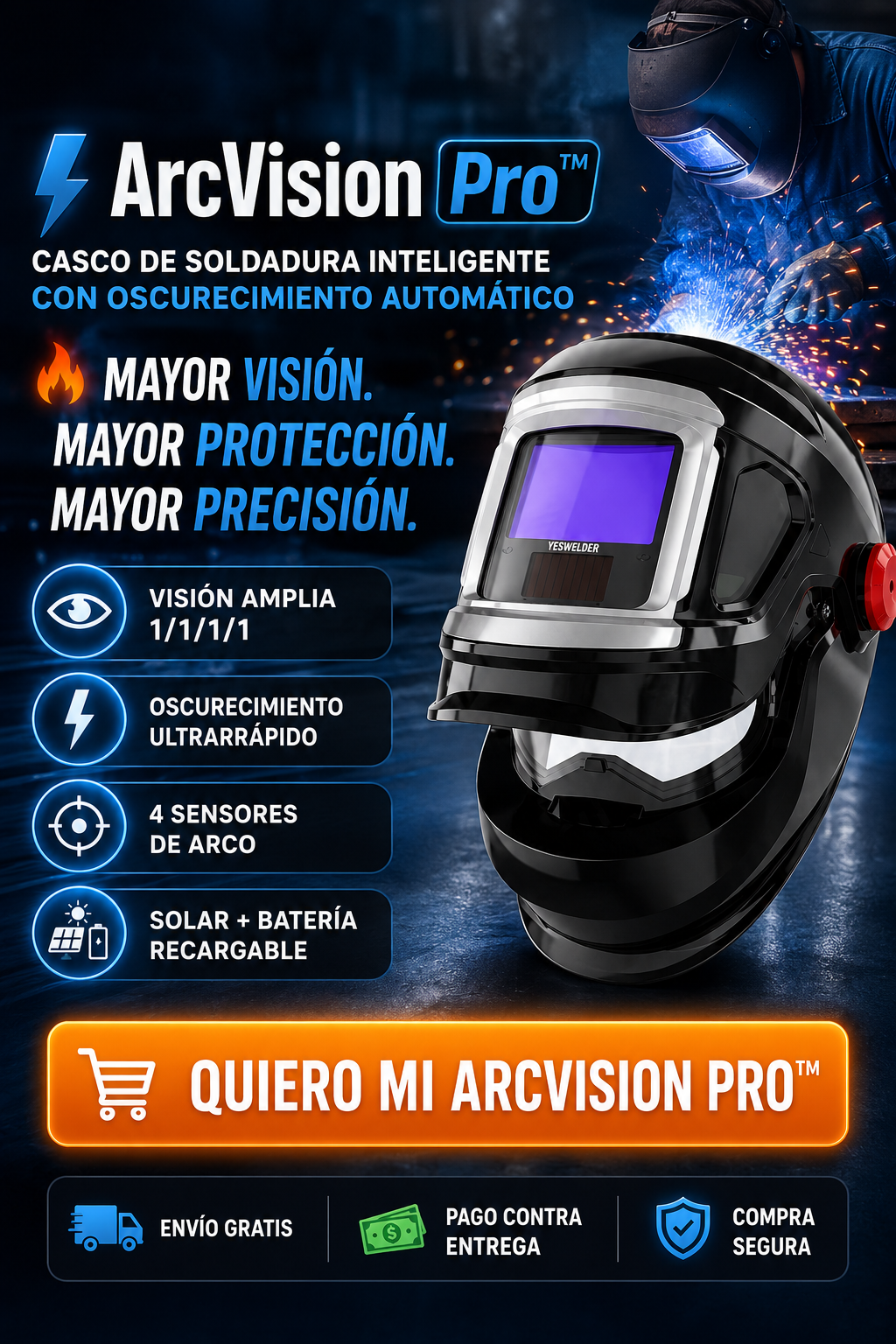⚡ ArcVision Pro™ Casco de Soldadura Inteligente con Oscurecimiento Automático